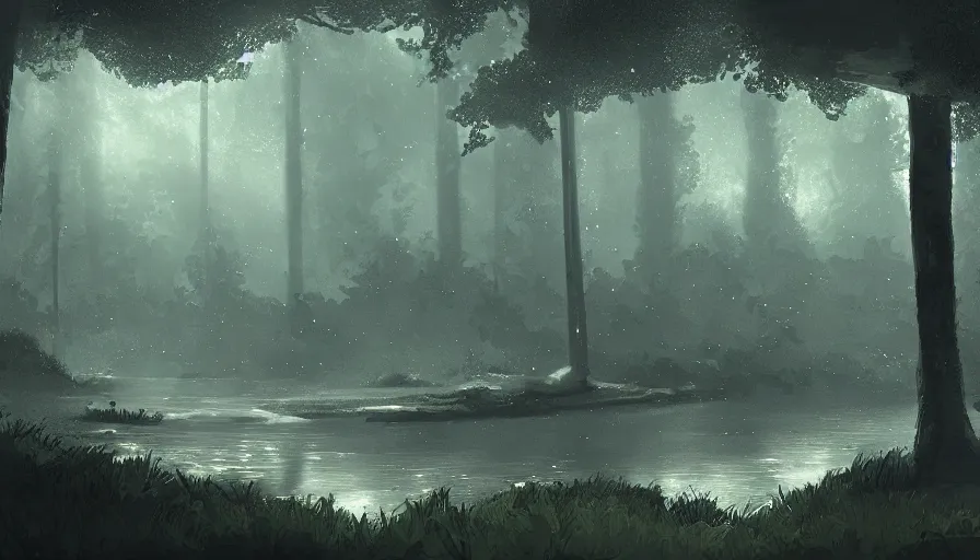 Prompt: rainy forest with an island in a pond, holy glowing sword stuck in island, moody high exposure, digital painting, concept art, photoshop speedpaint