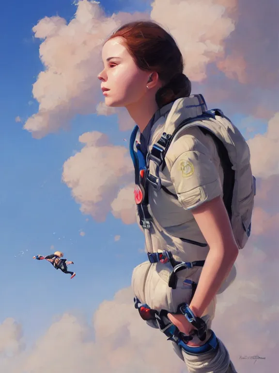 Prompt: an ultradetailed beautiful portrait painting of a girl as an skydiver, side view, oil painting, high resolution, by ilya kuvshinov, greg rutkowski and makoto shinkai