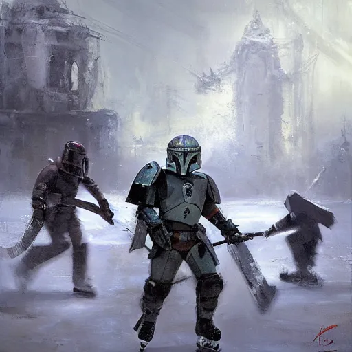 Image similar to the mandalorian, ice hockey setting, by craig mullins, jeremy mann, jeremy mann.