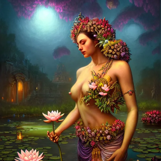 Image similar to Beautiful 3d render of the flower queen goddess in a sensual pose near a pond full of lotus, atmospheric lighting, painted, intricate, volumetric lighting, beautiful, rich deep colours masterpiece, sharp focus, ultra detailed, in the style of Dan Mumford and marc simonetti, with a crowded futuristic cyberpunk city in the background, astrophotography