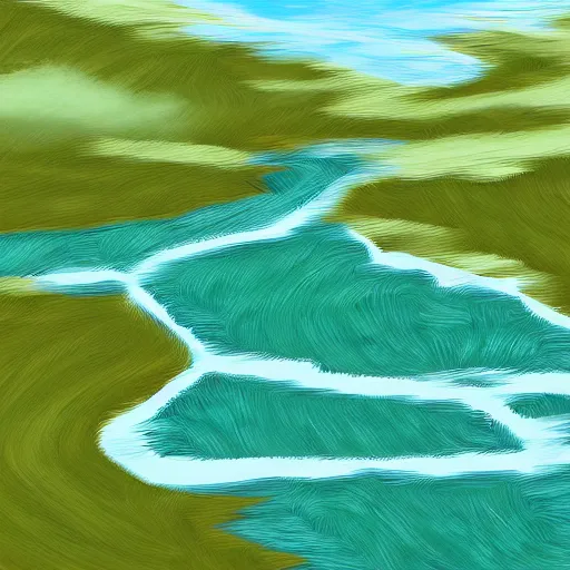 Image similar to digital art painting of a river running through the plains, very mediocre, not detailed at all.