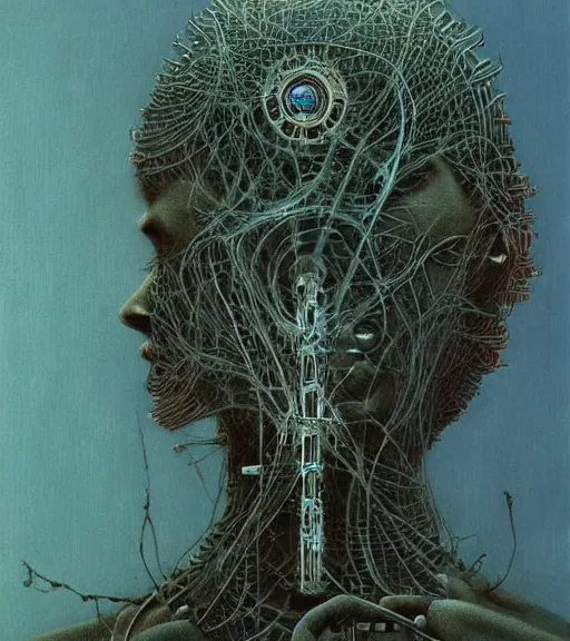 Prompt: portrait of woman connected to biomechanical machine by zdislaw beksinski, beautiful, masterpiece, award - winning, complex