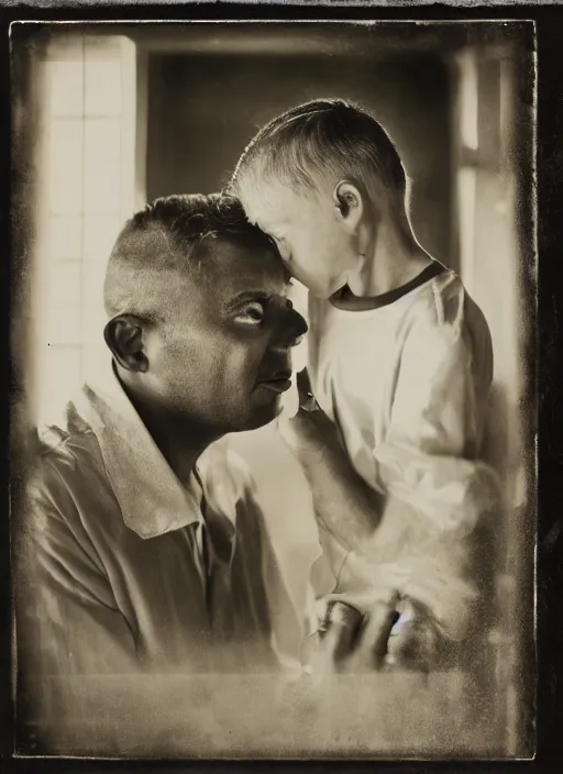 Image similar to kodak portra 4 0 0 wet plate photo image of a father how meet her son for the last time photorealistic cinematic light