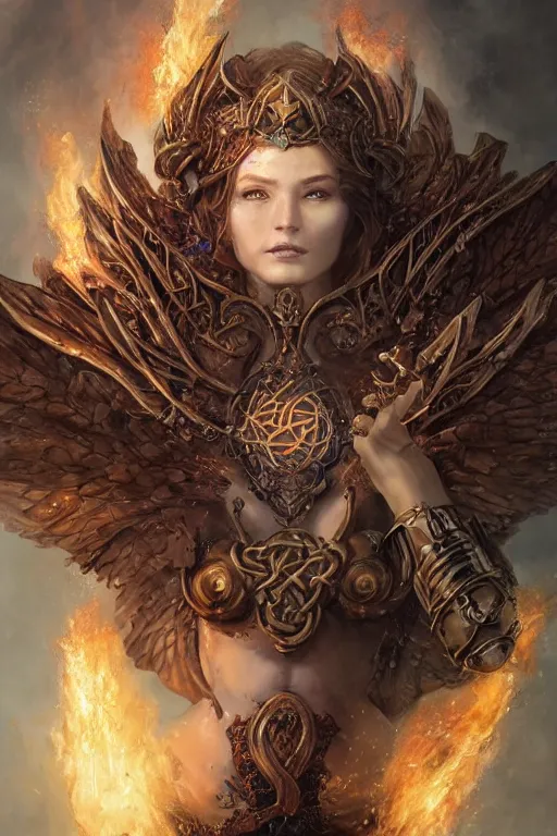 Image similar to front portrait of beautiful girl sorcerer looking up with fire and golden dragon skin, celtic rune tattoos, casting magic spell, angel, fantasy, magic the gathering, hyper detailed, 3 d render, hyper realistic detailed portrait, peter mohrbacher, wlop, ruan jia, luis royo