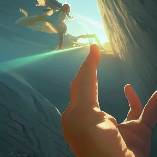 Image similar to a hand reaching out to another hand, behance hd by jesper ejsing, by rhads, makoto shinkai and lois van baarle, ilya kuvshinov, rossdraws global illumination ray tracing hdr radiating a glowing aura