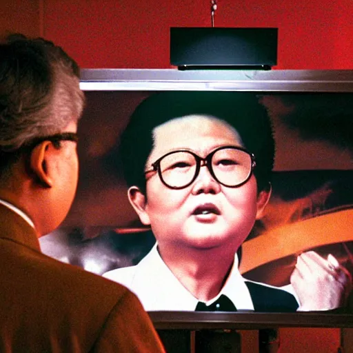 Image similar to A filmstill of Kim Jong-il looking upwards towards a movie screen projecting monster movies, Cooke Varotal 20-100mm T3 lens, ambient fog, night, ultra-wide lens, 14mm, cinemascope