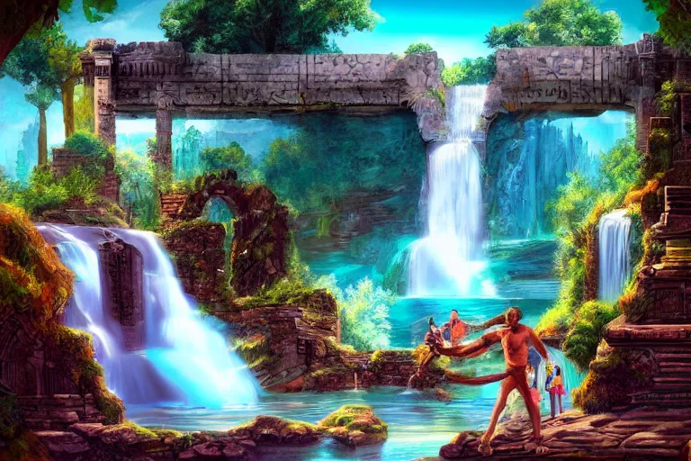 Prompt: ancient ruins and waterfalls, retrowave epic art, trending on art station