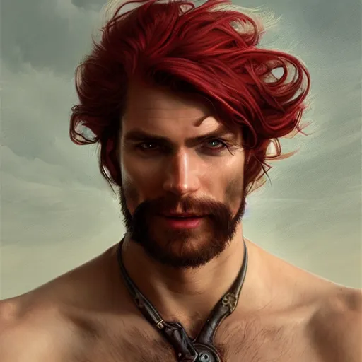 Image similar to portrait of a young ruggedly handsome but joyful pirate, male, masculine, upper body, red crimson hair, long hair, fantasy, roguish smirk, intricate, elegant, highly detailed, digital painting, artstation, concept art, matte, sharp focus, illustration, art by artgerm and greg rutkowski and alphonse mucha