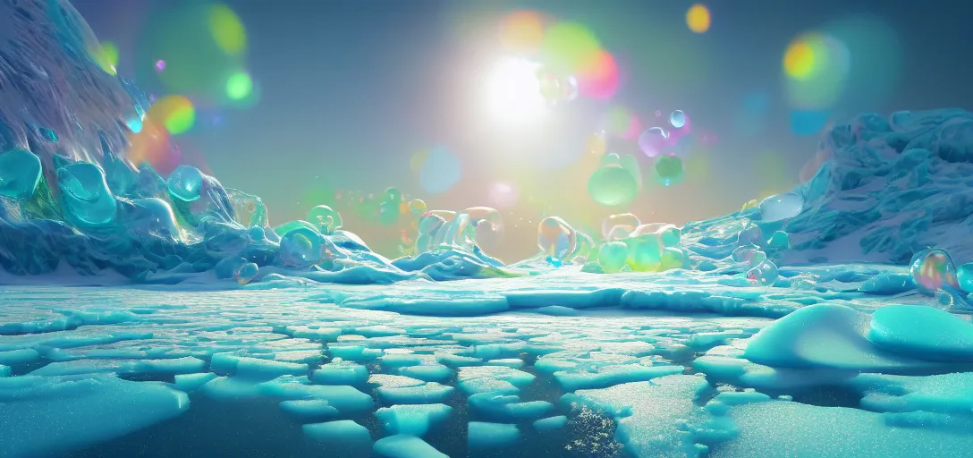 Image similar to surrealistic render of a icy candy landscape, sugar dust, colourful liquid bubbling, iridescent skies, waves, bubbles, reflections, refractions, caustics, dappled light, cinematic lighting, ultra detailed, sharp, ambient occlusion, raytracing, 3 d artstation render by greg rutowski, finnian macmanus and jessica rossier