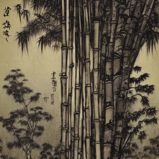 Image similar to photorealistic creepy demonic building disk osprey creek spice bamboo tree , by Katsushika Hokusai and George Inness and Paul Cezanne , 20 megapixels , storybook illustration , charcoal drawing