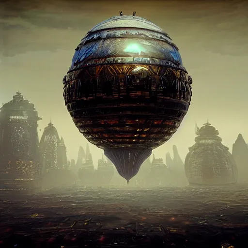 Image similar to enormous flying city in a faberge egg, sky, steampunk, fantasy art, masterpiece, hugh ferriss, unreal engine, peder balke