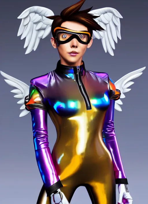 Image similar to portrait bust digital artwork of tracer overwatch, wearing iridescent rainbow latex and leather straps catsuit outfit, expressive happy face, makeup, in style of mark arian, angel wings, wearing detailed leather collar, chains, black leather harness, detailed face and eyes,