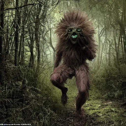 Image similar to horror, photography, humanoid mutant, matted fur, grinning, sprinting through undergrowth in a dense forest in daytime, wide eyes