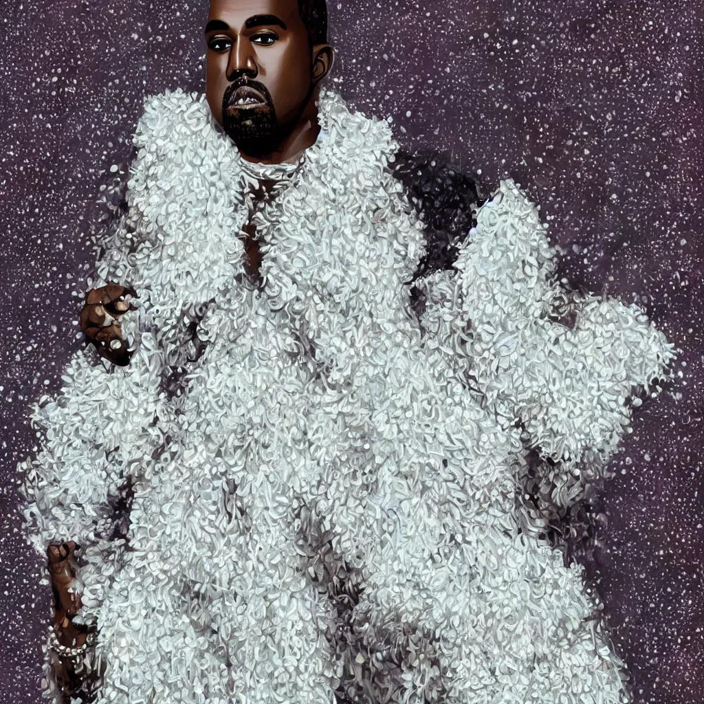 Image similar to kanye west _ with _ a _ decorated _ dress _ made _ of _ white _ pearls _ and _ white _ plumes _ of _ swan _ highly _ detailed _ digital _ painting