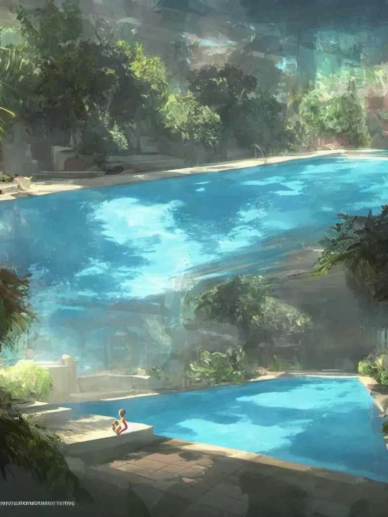 Prompt: swimming pool, by disney concept artists, blunt borders, rule of thirds, beautiful light