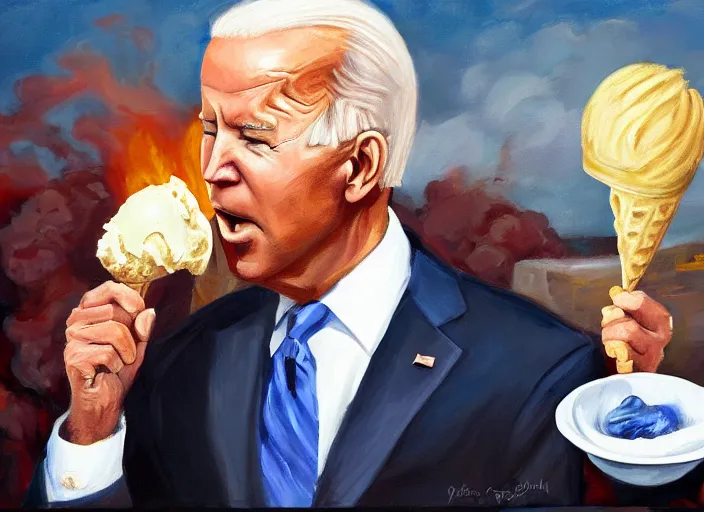 Prompt: oil painting of joe biden eating an ice cream with the whitehouse on fire behind him beautiful artwork by rutowski, realistic, 4 k, masterpiece