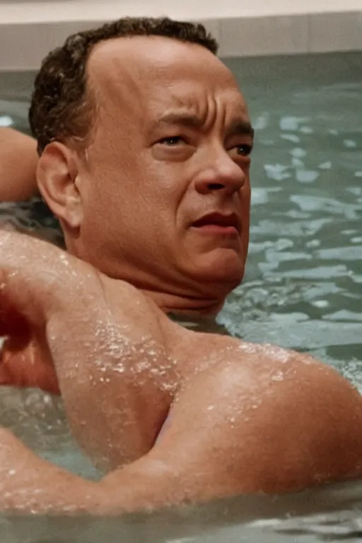 Prompt: tom hanks swimming in a bath tub of baked beans, realistic, moody grindhouse, dark