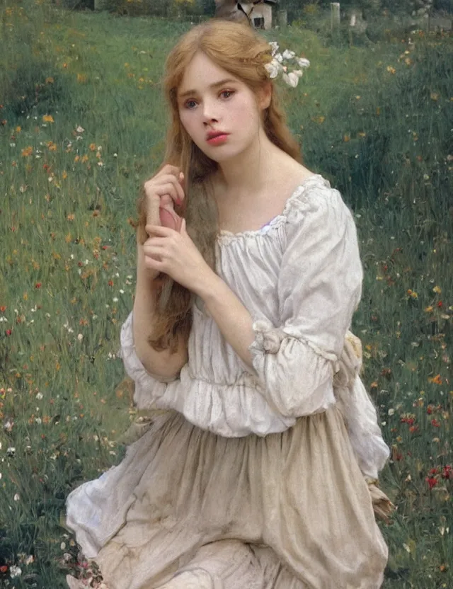 Prompt: girl peasant girl with décolleté showing shhh 🤫 sign, portrait , lolita aesthetics, Cottage, Cinematic focus, Polaroid photo, vintage, neutral colors, soft lights, foggy, by Steve Hanks, by Serov Valentin, by lisa yuskavage, by Andrei Tarkovsky, by Terrence Malick, 8k render, detailed, oil on canvas