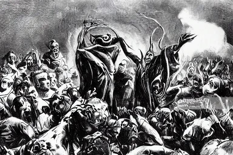 Prompt: u. s. government classified archival footage of the summoning of cthulhu, declassified from library of congress, preserved footage, scans of film