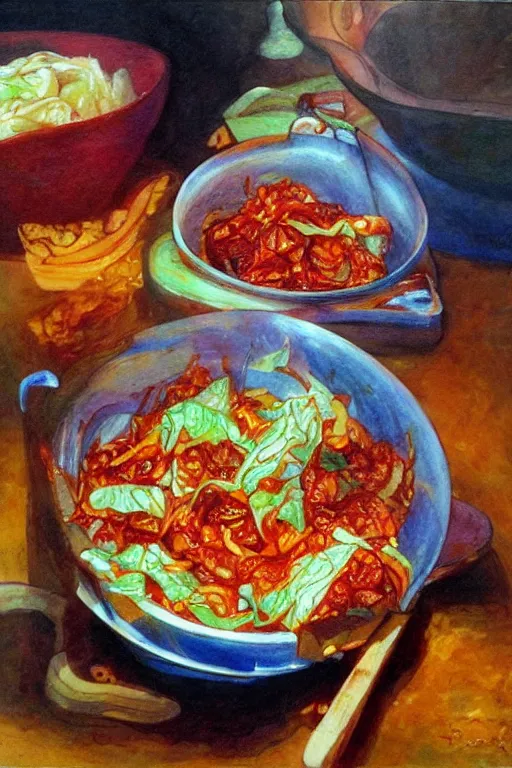 Image similar to kimchi, korean spicy fermented cabbage, by jerry pinkney