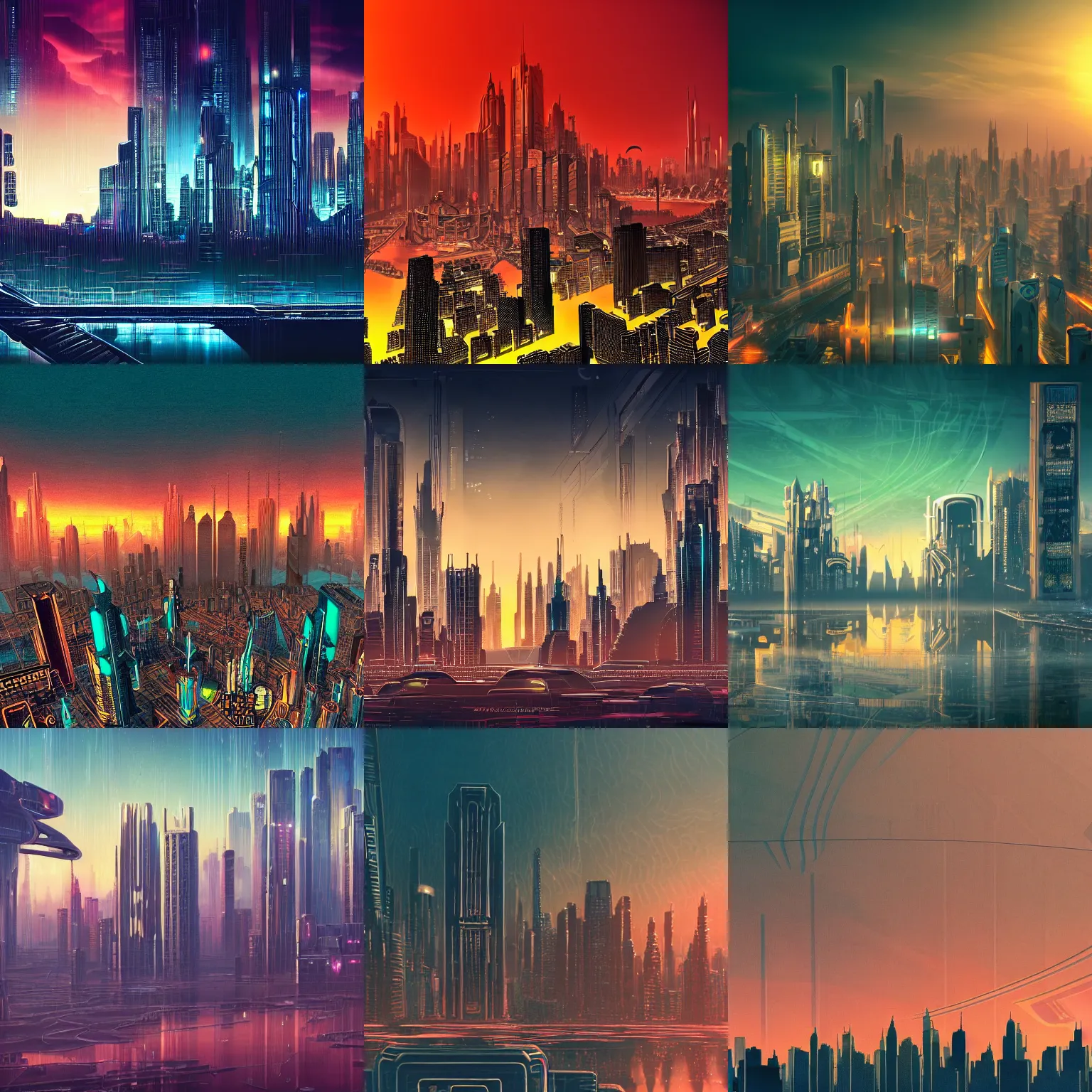 Prompt: detailed photo of a beautiful sci-fi cyberpunk Art Deco skyline at sunset, enormous buildings and a river in the distance