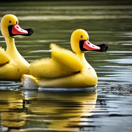 Image similar to professional photograph of banana ducks, peeled bananas with googly eyes and duck beaks