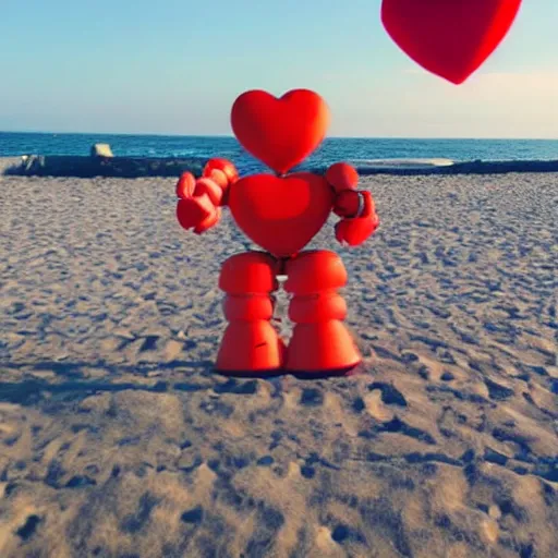 Image similar to a cute robot smiling holding heart balloons in the beach