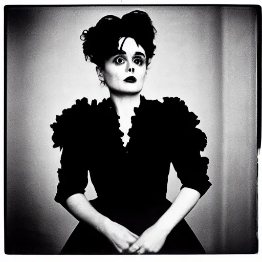 Image similar to photo of Helena Bonham Carter by Diane Arbus, black and white, high contrast, Rolleiflex, 55mm f/4 lens