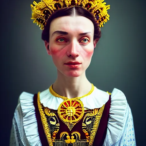 Prompt: Colour Caravaggio style Photography of Highly detailed beautiful Woman with 1000 years perfect face and wearing detailed Ukrainian folk costume designed by Taras Shevchenko also wearing highly detailed retrofuturistic Tiara designed by Josan Gonzalez. Many details In style of Josan Gonzalez and Mike Winkelmann and andgreg rutkowski and alphonse muchaand and Caspar David Friedrich and Stephen Hickman and James Gurney and Hiromasa Ogura. Rendered in Blender and Octane Render volumetric natural light