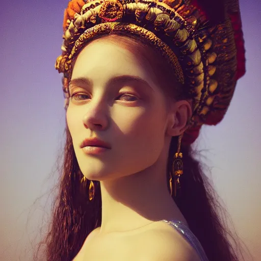 Image similar to kodak portra 4 0 0, 8 k, artstation, soft light, volumetric lighting, highly detailed, britt marling style 3 / 4 extreme close - up portrait photography of a beautiful woman pre - raphaelite, inspired by thandiwe muriu, royal woman wearing ornate art nouveau orchid headdress, realistic, refined, highly detailed