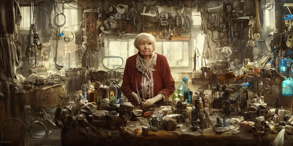 Image similar to an environmental concept art of an elderly russian woman cyberneticist in a cluttered workshop, surgical implements, surgery table, highly detailed, cinematic, dramatic, cyberpunk, dieselpunk, scifi