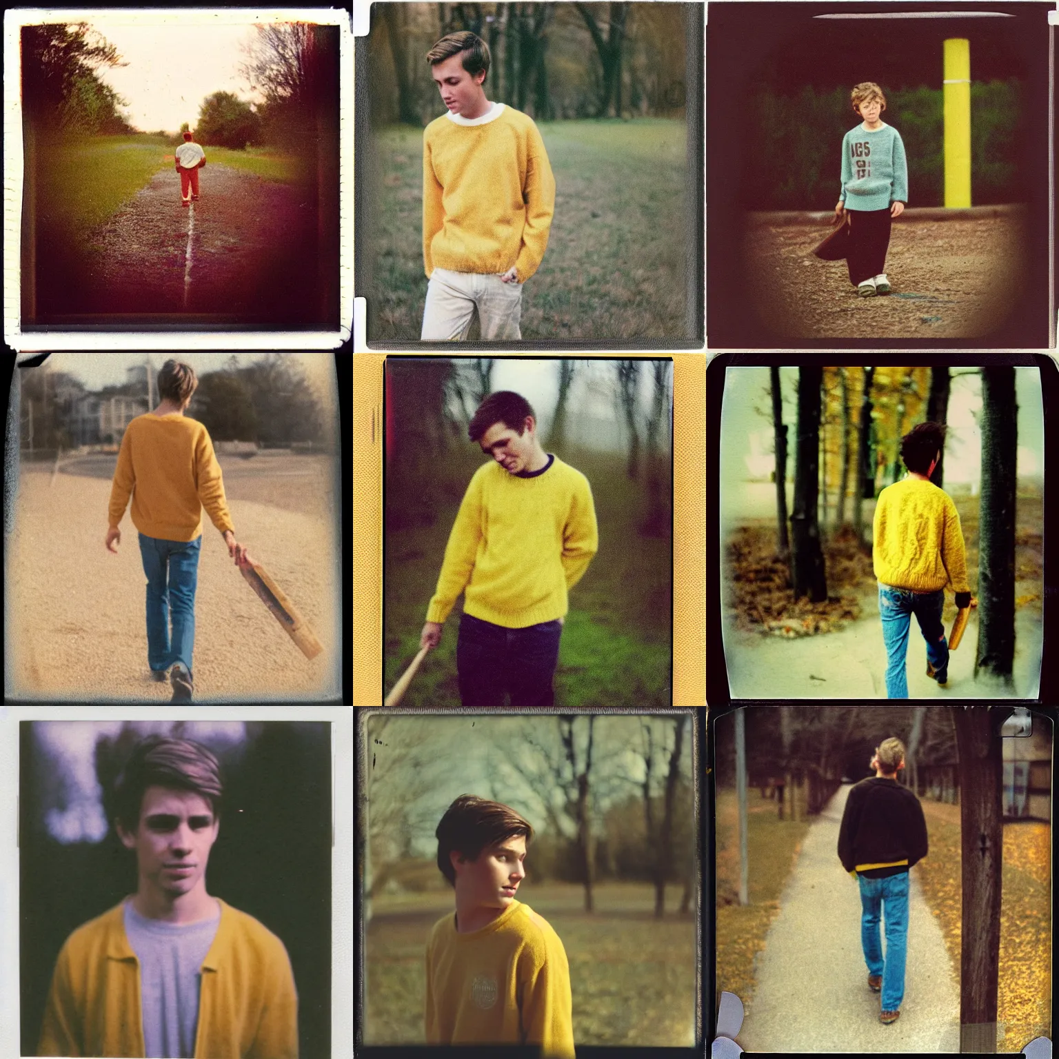 Prompt: instax polaroid film photo of a young man with messy medium length light brown hair and a yellow sweater walking away from the camera with a nailbat, zoomed out, warm, nostalgia, faded glow, expired film analog photography, grainy texturized dusty, saturated colorized