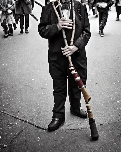 Image similar to mysterious man dressed as the pied piper of hamelin plays his cane pipe, as thousands of children march behind him thru the streets of downtown nyc, cinematic, supernatural, bokeh