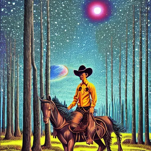 Prompt: psychedelic, trippy, broken cowboy, pine forest, horse, planets, milky way, cartoon by rob gonsalves