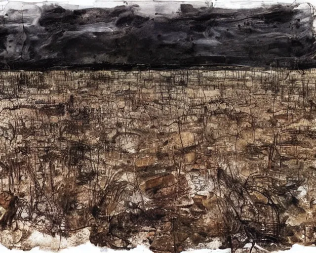 Image similar to A haunted landscape. Anselm Kiefer.