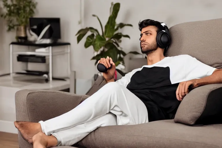 Image similar to a man that is deep in thought is wearing a white t - shirt and black sweat pants and wearing over the ear headphones is sitting in a brown leather reclining chair in a living room