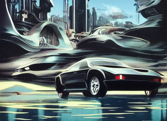 Prompt: a sport sedan car in a future city. style by frank frazetta, peter elson, and eyvind earle.