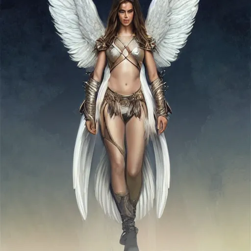 Image similar to portrait of young aasimar angel girl maiden wearing comfy leather armor with beautiful feathered angel wings, Alessandra Ambrosio, innocent, intricate, elegant, highly detailed, digital painting, artstation, concept art, smooth, sharp focus, illustration, art by artgerm and greg rutkowski and alphonse mucha
