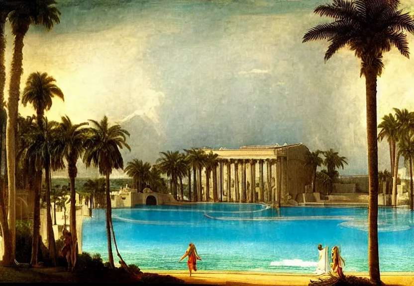 Prompt: The biggest palace ever made, thunderstorm, greek pool, beach and palm trees on the background major arcana sky, by paul delaroche, hyperrealistic 8k, very detailed