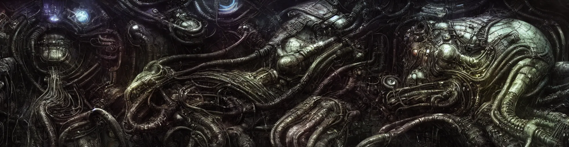 Image similar to Prometheus hibernation capsule biological sci-fi environment set close-up, hibernation capsule close-up, in a nightmarish universe of odd forms and somber tapestry, HR Giger and Vincent Di Fate, vivid color scheme, featured in artstation, octane render, cinematic, elegant, intricate, 8k