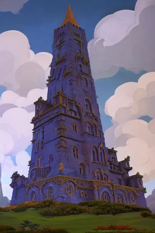 Image similar to view of the mysterious blue tower in its gardens after a storm, tall windows lit up, beautiful ornamental architecture, dramatic cinematic lighting, rich colors, by Nicholas Roerich and William Dyce and April Gornik and Sylvain Sarrailh, unreal engine