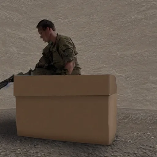 Image similar to an soldier hiding under cardboard box, in middle of war, cinematic