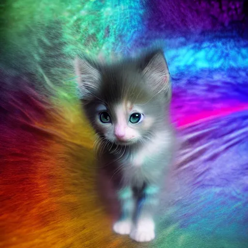 Image similar to full body pose, hyperrealistic photograph of a magic rainbow kitten, dim volumetric lighting, 8 k, octane beautifully detailed render, extremely hyper detailed, intricate, epic composition, cinematic lighting, masterpiece, trending on artstation, very very detailed, stunning, hdr, smooth, sharp focus, high resolution, award, winning photo, dslr, 5 0 mm