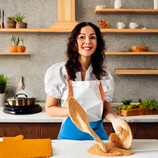 Prompt: modern oil painting of a happy woman with dark curly hair making sourdough in a bright kitchen