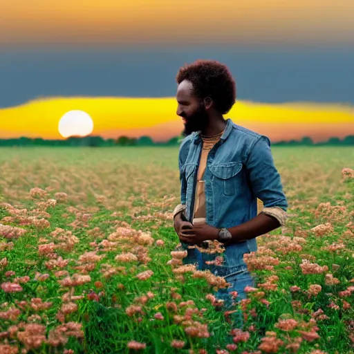 Prompt: an east african man with curly hair in a vast field of flowers, looking off into the sunset, relaxing, wide shot, golden hour, vintage, impressionist painting, fine art, oil painting, dreamy, pastel, laughing, happy, intricate details, sharp, peaceful, serene