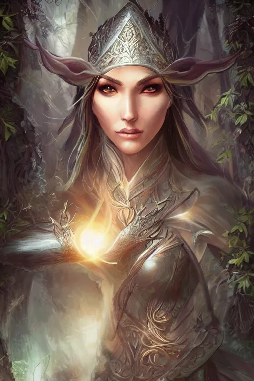 Image similar to female elven warrior blessed by the light of the forest, D&D, fantasy, intricate, elegant, highly detailed, digital painting, artstation, concept art, smooth, sharp focus, illustration, art by artgerm