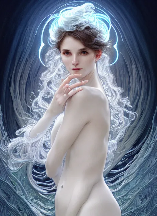 Image similar to a photographic portrait of a anthropomorphic bioluminescent water wave wearing white clothes, fantasy, intricate, elegant, highly detailed, digital painting, artstation, concept art, smooth, sharp focus, illustration, art by artgerm and h r giger and alphonse mucha