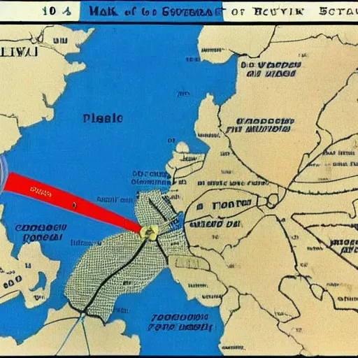 Prompt: general battle plan for the invasion of the soviet union in 1 9 4 0 the plan is mark with a blue line present the movement