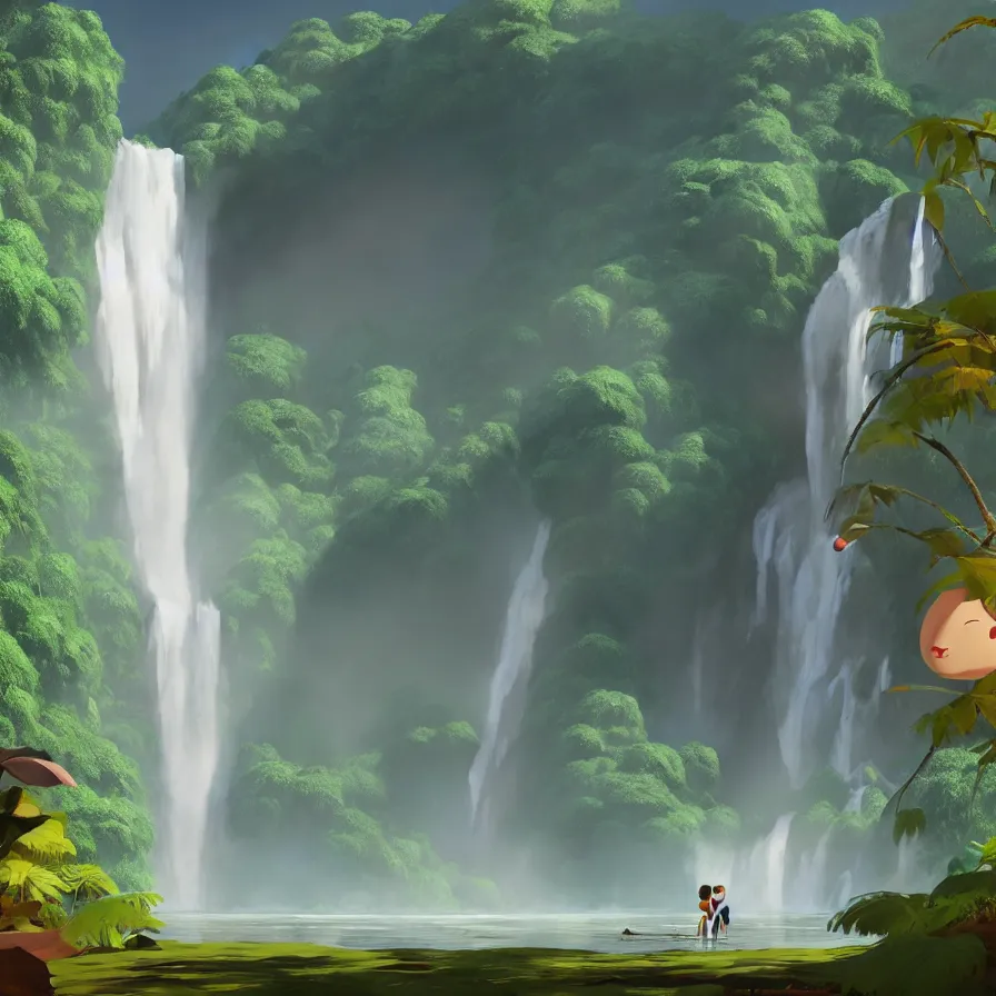 Image similar to Goro Fujita illustrating Front view of a gigantic waterfall surrounded by the Amazon, there are no animals or people, only vegetation, concept art, sharp focus, highly detailed, ArtStation