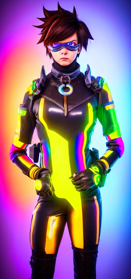 Image similar to full body overwatch style oil painting portrait of tracer overwatch, confident pose, wearing black jagged iridescent rainbow latex armor, rainbow, neon, 4 k, expressive surprised expression, makeup, wearing large rainbow neon choker, studio lighting, black leather harness, expressive detailed face and eyes,